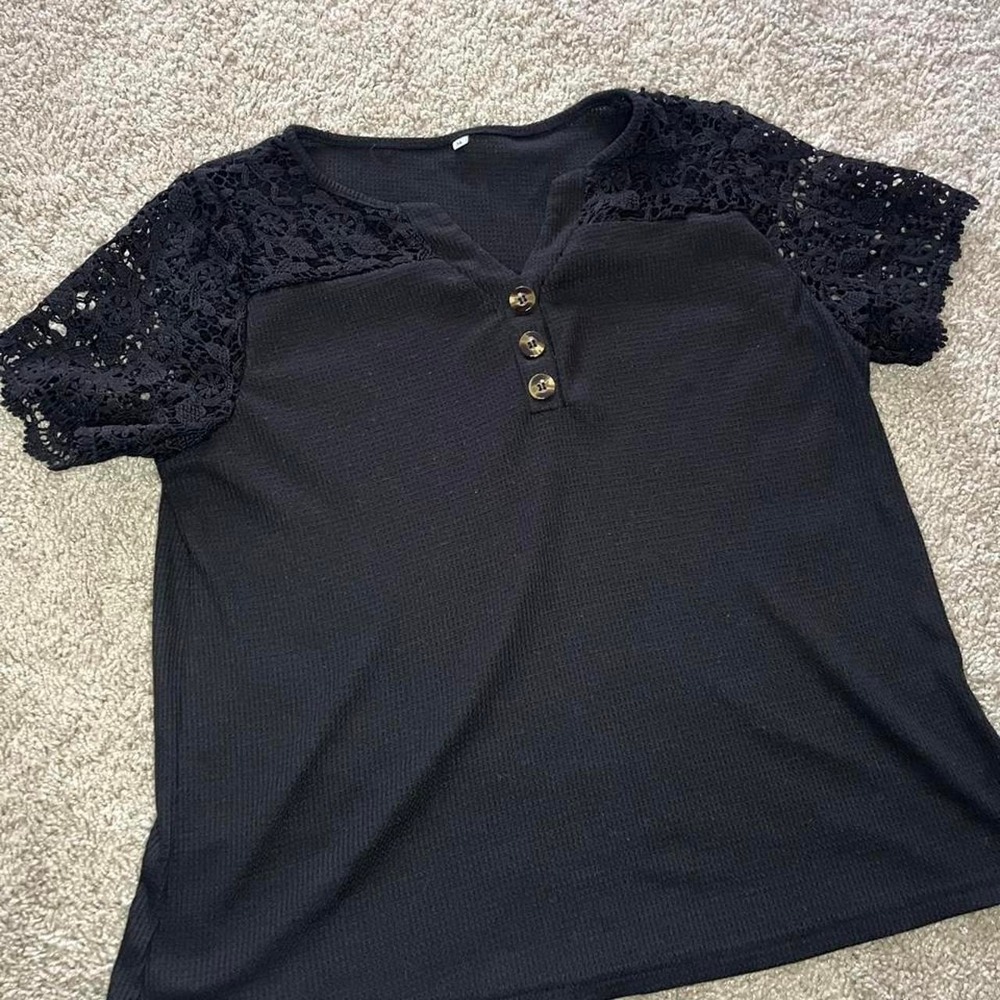 Black Lace Sleeve Henley Top Y2K Romantic Goth Short Sleeve Blouse Size XL